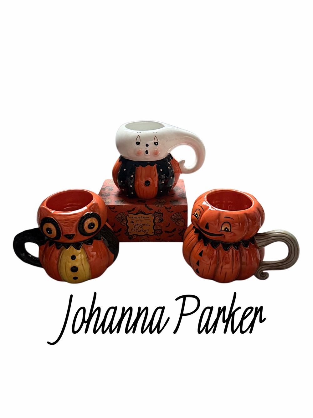 Johanna Parker Orange Halloween Pumpkin, Owl, Luna Ghost Mug Set - 3 Piece